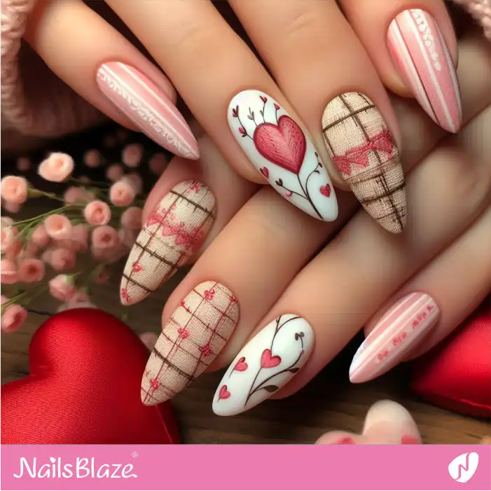 Faux Linen and Striped Nails with Hearts | Valentine Nails - NB2318